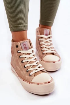 Cross Jeans Trampki Damskie Cross Jeans|Trampki Ocieplane*Damskie Wysokie Ocieplane Trampki KK2R4045C Beżowe