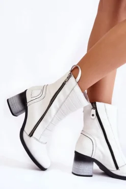 Maciejka Botki Maciejka|Damskie Trapery*Damskie Wysokie Skórzane Botki 05647-11 Białe