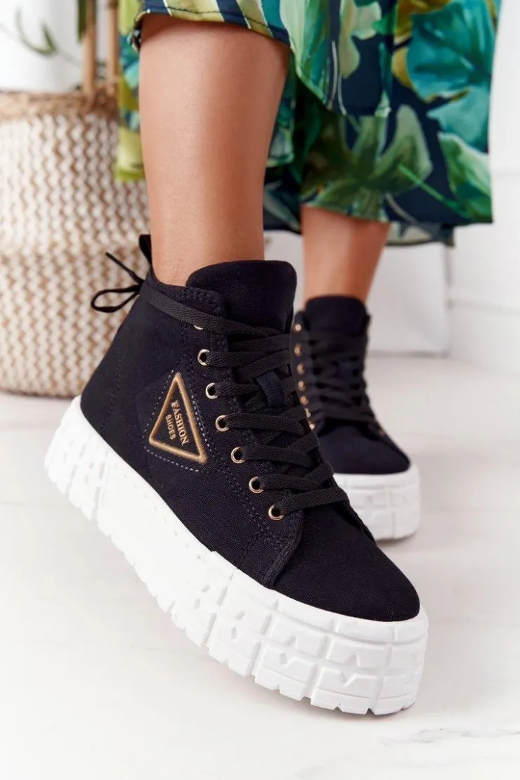 Damskie Boto Damskie Wysokie Tenisówki Na Platformie Czarne Manhattan