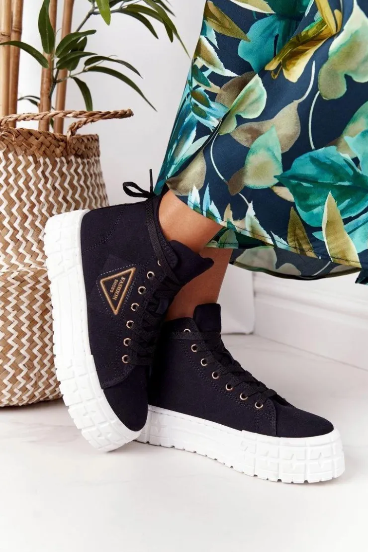 Damskie Boto Damskie Wysokie Tenisówki Na Platformie Czarne Manhattan