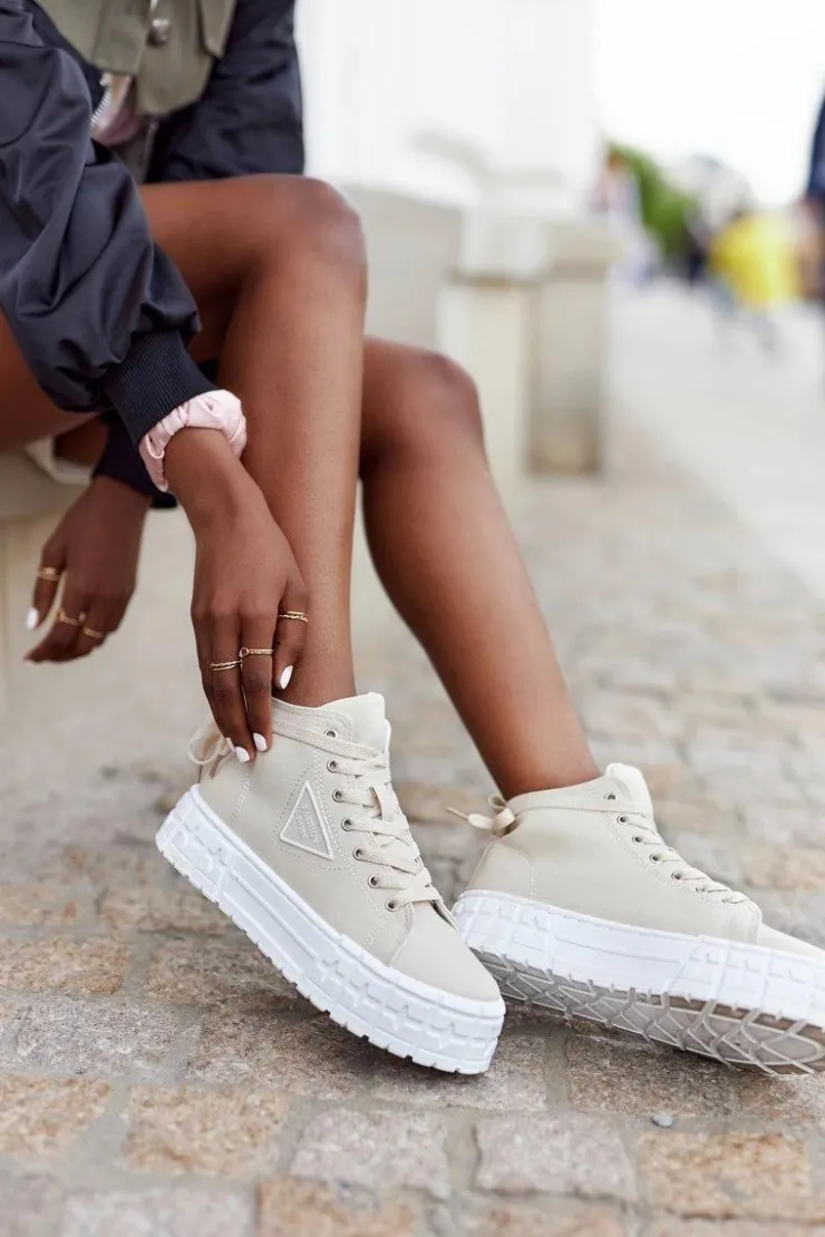 Boto Trampki Damskie Wysokie*Damskie Wysokie Tenisówki Na Platformie Beżowe Manhattan