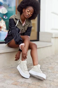 Boto Trampki Damskie Wysokie*Damskie Wysokie Tenisówki Na Platformie Beżowe Manhattan