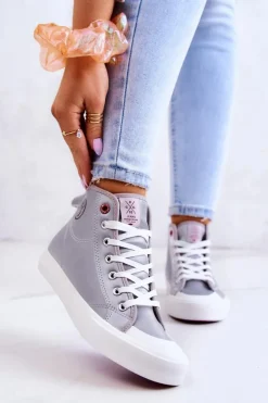 Cross Jeans Trampki Damskie Cross Jeans|Trampki Damskie Wysokie*Damskie Wysokie Trampki JJ2R4057C Szare Szary