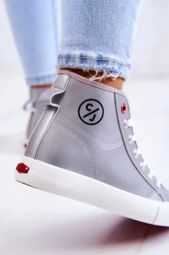 Cross Jeans Trampki Damskie Cross Jeans|Trampki Damskie Wysokie*Damskie Wysokie Trampki JJ2R4057C Szare Szary