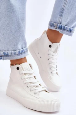 Damskie Big Star Shoes Damskie Wysokie Trampki Materiałowe Big Star LL274445 Białe