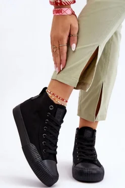 Big Star Shoes Trampki Damskie Big Star|Trampki Damskie Wysokie*Damskie Wysokie Trampki Materiałowe Big Star LL274444 Czarne Czarny