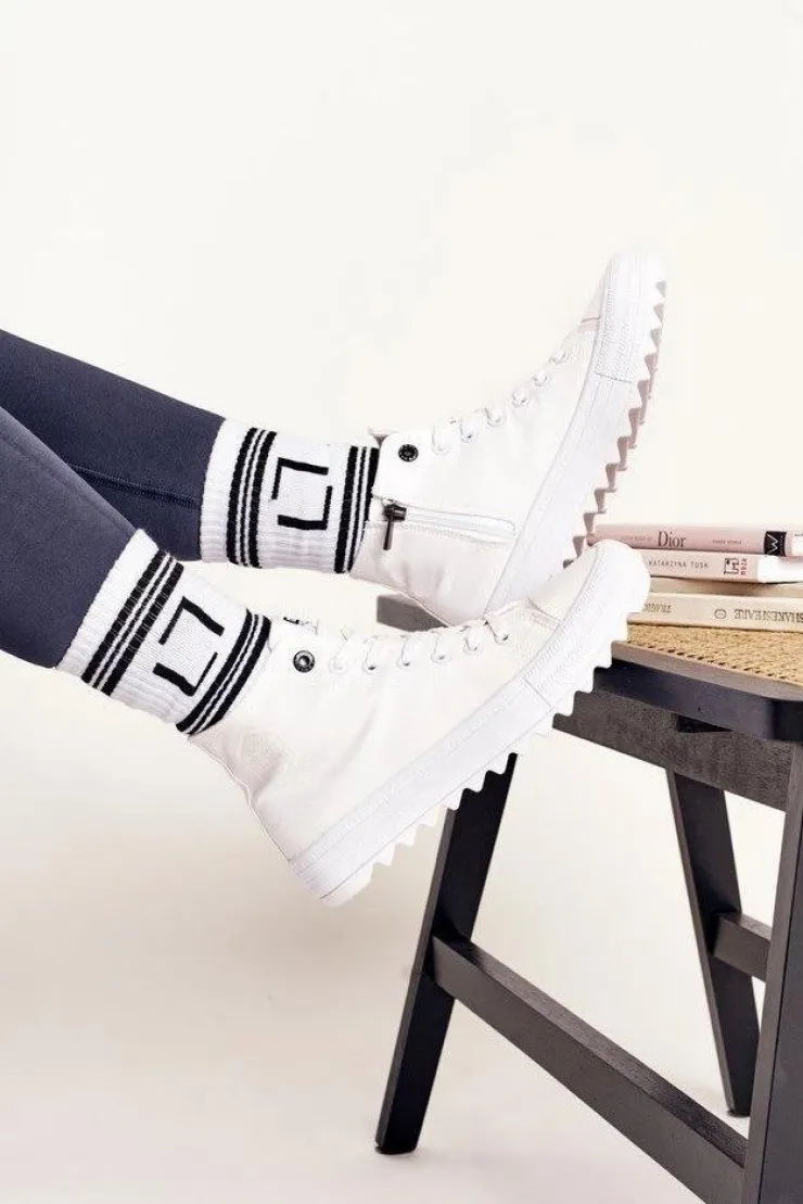 Big Star Shoes Trampki Damskie Big Star|Trampki Damskie Wysokie*Damskie Wysokie Trampki Na Dużej Podeszwie BIG STAR FF274241 Białe Biały