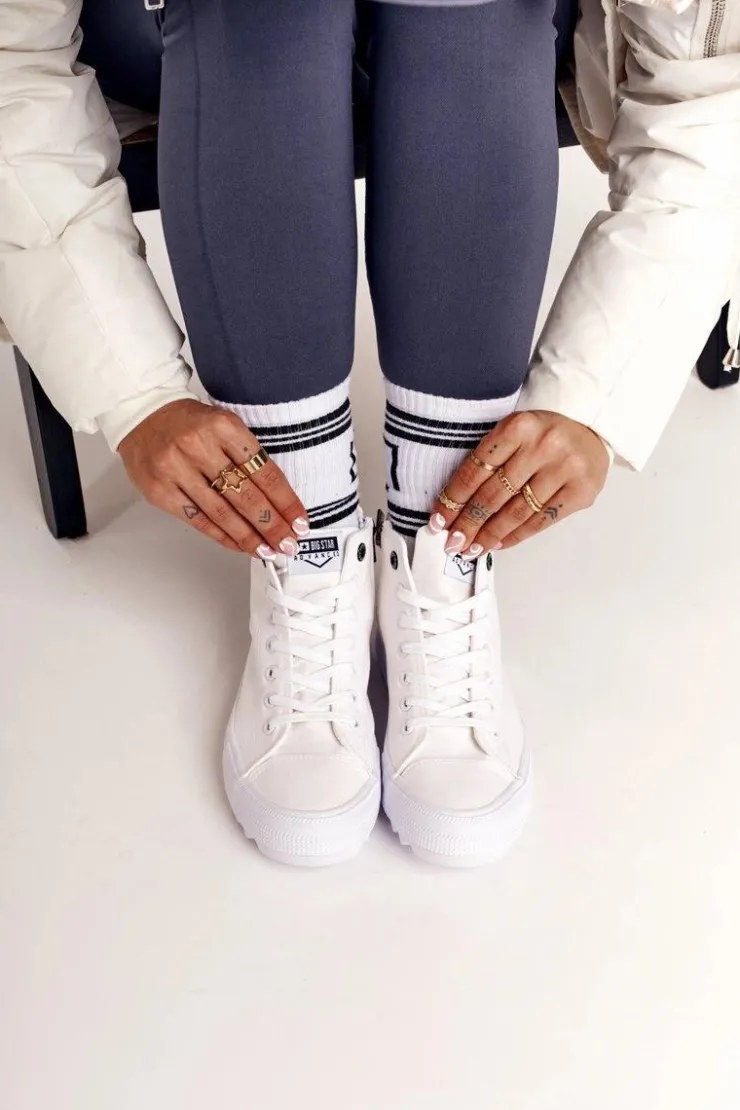 Big Star Shoes Trampki Damskie Big Star|Trampki Damskie Wysokie*Damskie Wysokie Trampki Na Dużej Podeszwie BIG STAR FF274241 Białe Biały