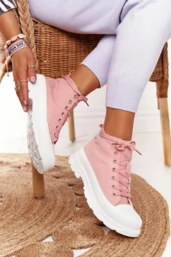 Boto Trampki Damskie Wysokie*Damskie Wysokie Trampki Na Dużej Podeszwie Różowe Trissy Różowy