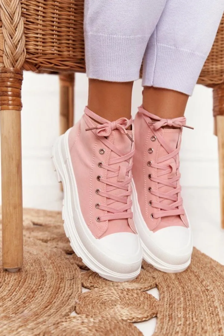 Boto Trampki Damskie Wysokie*Damskie Wysokie Trampki Na Dużej Podeszwie Różowe Trissy Różowy