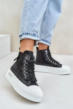 Damskie Boto Damskie Wysokie Trampki Na Platformie Czarne Averira