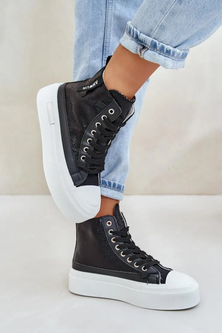 Damskie Boto Damskie Wysokie Trampki Na Platformie Czarne Averira