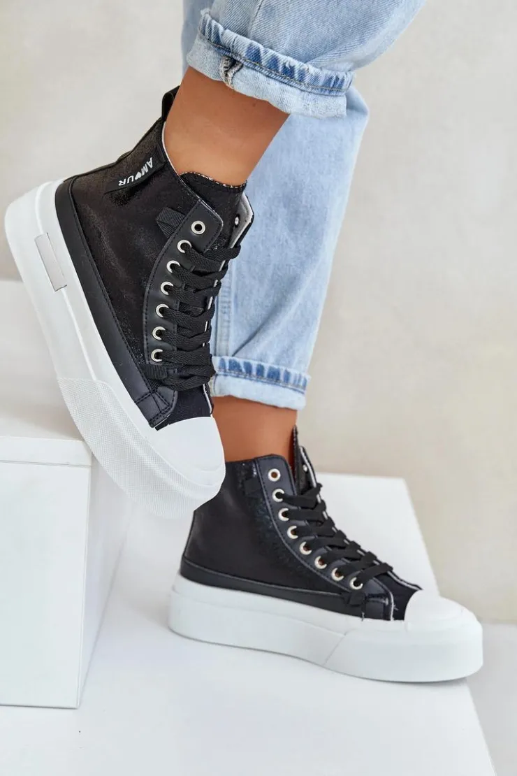 Damskie Boto Damskie Wysokie Trampki Na Platformie Czarne Averira
