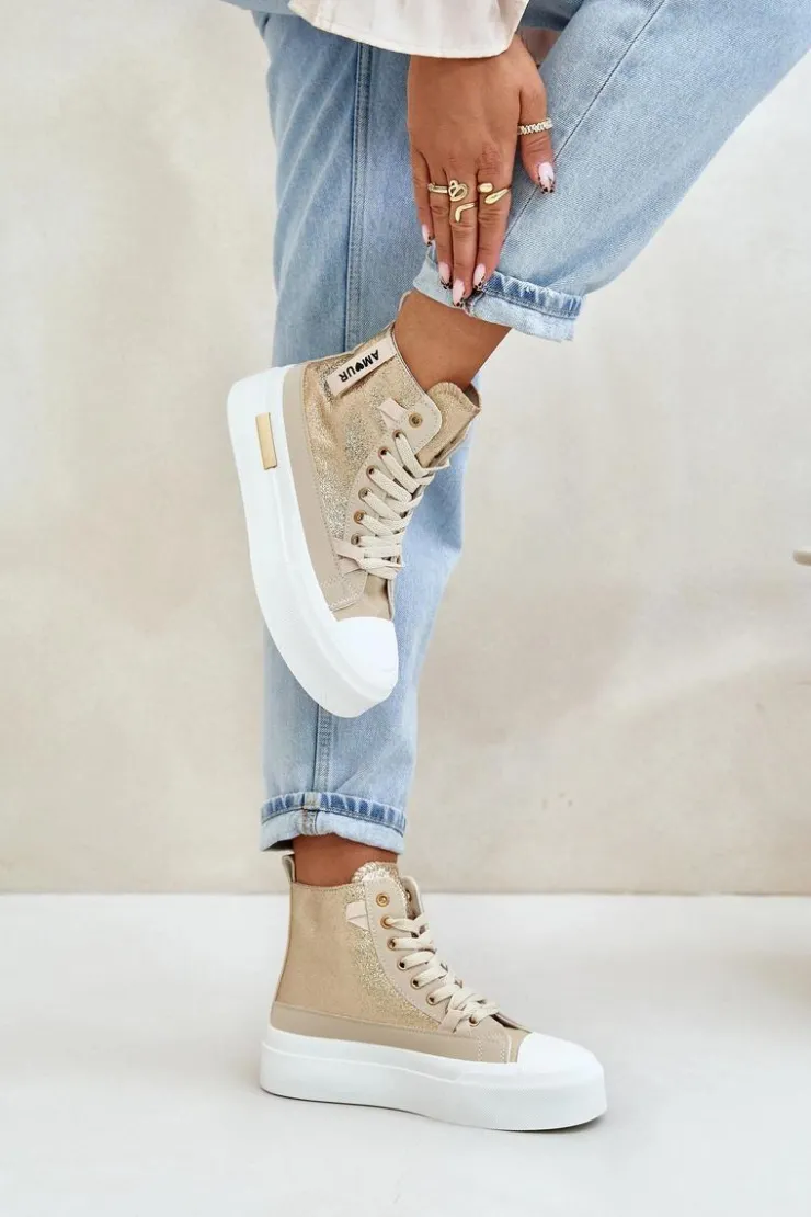 Boto Trampki Damskie Wysokie*Damskie Wysokie Trampki Na Platformie Beżowo-Złote Averira