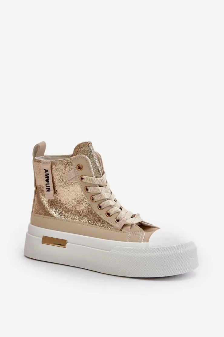 Boto Trampki Damskie Wysokie*Damskie Wysokie Trampki Na Platformie Beżowo-Złote Averira