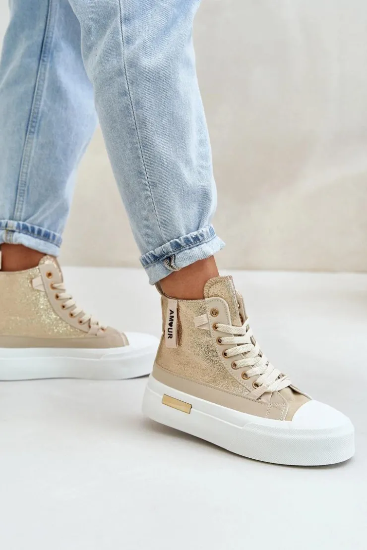Boto Trampki Damskie Wysokie*Damskie Wysokie Trampki Na Platformie Beżowo-Złote Averira