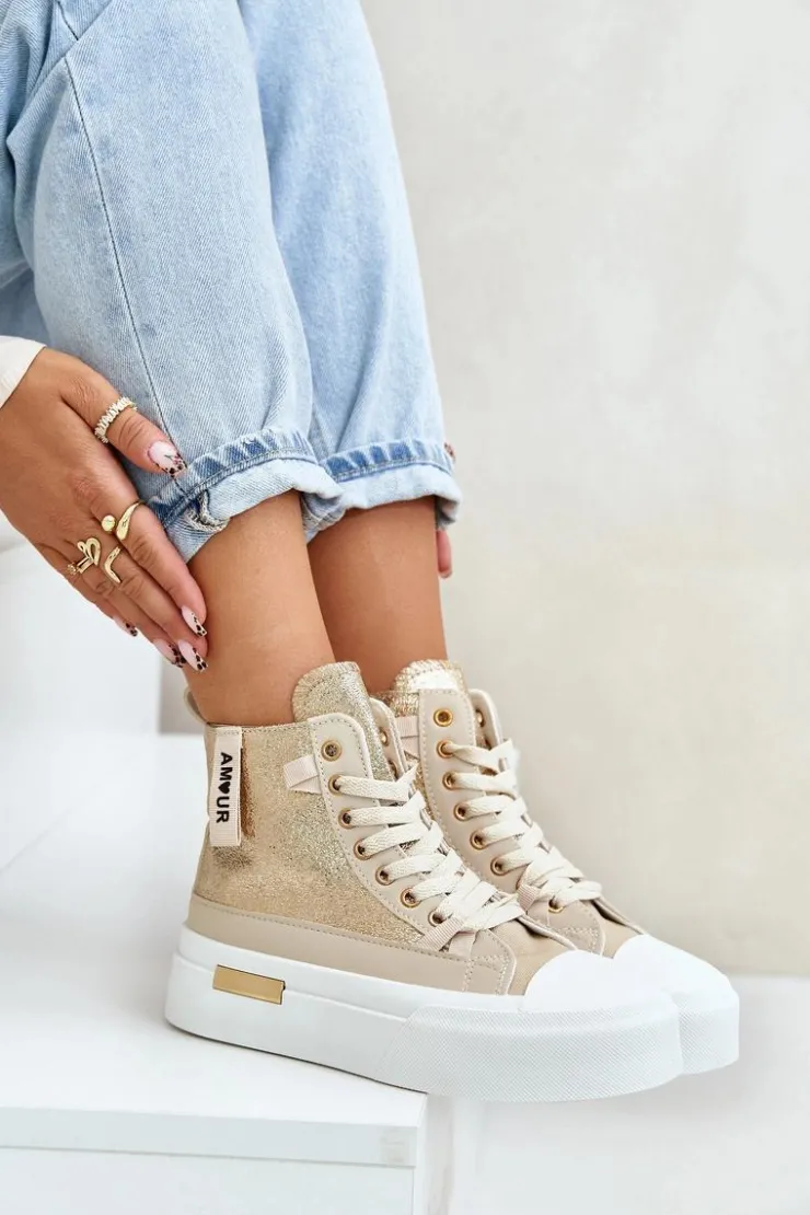 Boto Trampki Damskie Wysokie*Damskie Wysokie Trampki Na Platformie Beżowo-Złote Averira