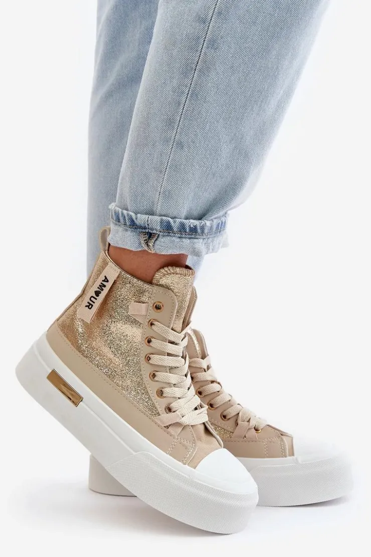 Boto Trampki Damskie Wysokie*Damskie Wysokie Trampki Na Platformie Beżowo-Złote Averira