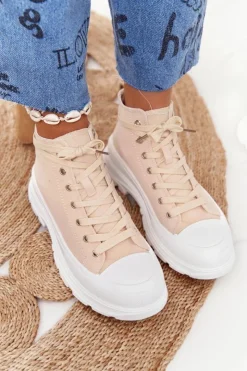 Outlet Boto Damskie Wysokie Trampki Na Dużej Podeszwie Beżowo-Białe Trissy