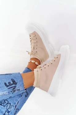 Outlet Boto Damskie Wysokie Trampki Na Dużej Podeszwie Beżowo-Białe Trissy