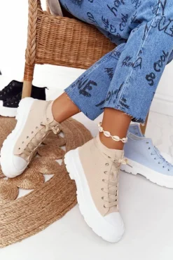 Outlet Boto Damskie Wysokie Trampki Na Dużej Podeszwie Beżowo-Białe Trissy