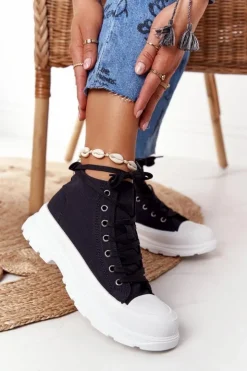 Outlet Boto Damskie Wysokie Trampki Na Dużej Podeszwie Czarne Trissy