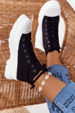 Outlet Boto Damskie Wysokie Trampki Na Dużej Podeszwie Czarne Trissy