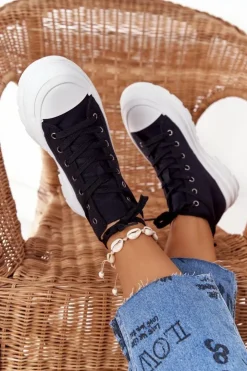 Outlet Boto Damskie Wysokie Trampki Na Dużej Podeszwie Czarne Trissy