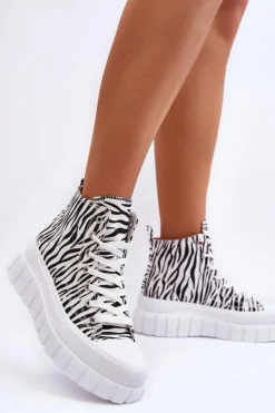 Boto Trampki Damskie Wysokie*Damskie Wysokie Trampki Wzór Zebry Białe Florensi