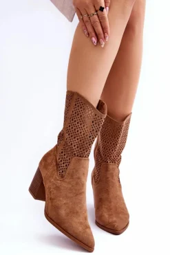 Boto Botki Wiosenne|Botki Na Słupku*Damskie Wysokie Zamszowe Botki Kowbojki Brązowe Turner