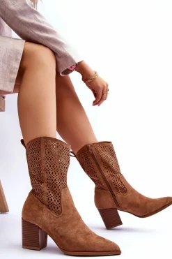 Boto Botki Wiosenne|Botki Na Słupku*Damskie Wysokie Zamszowe Botki Kowbojki Brązowe Turner