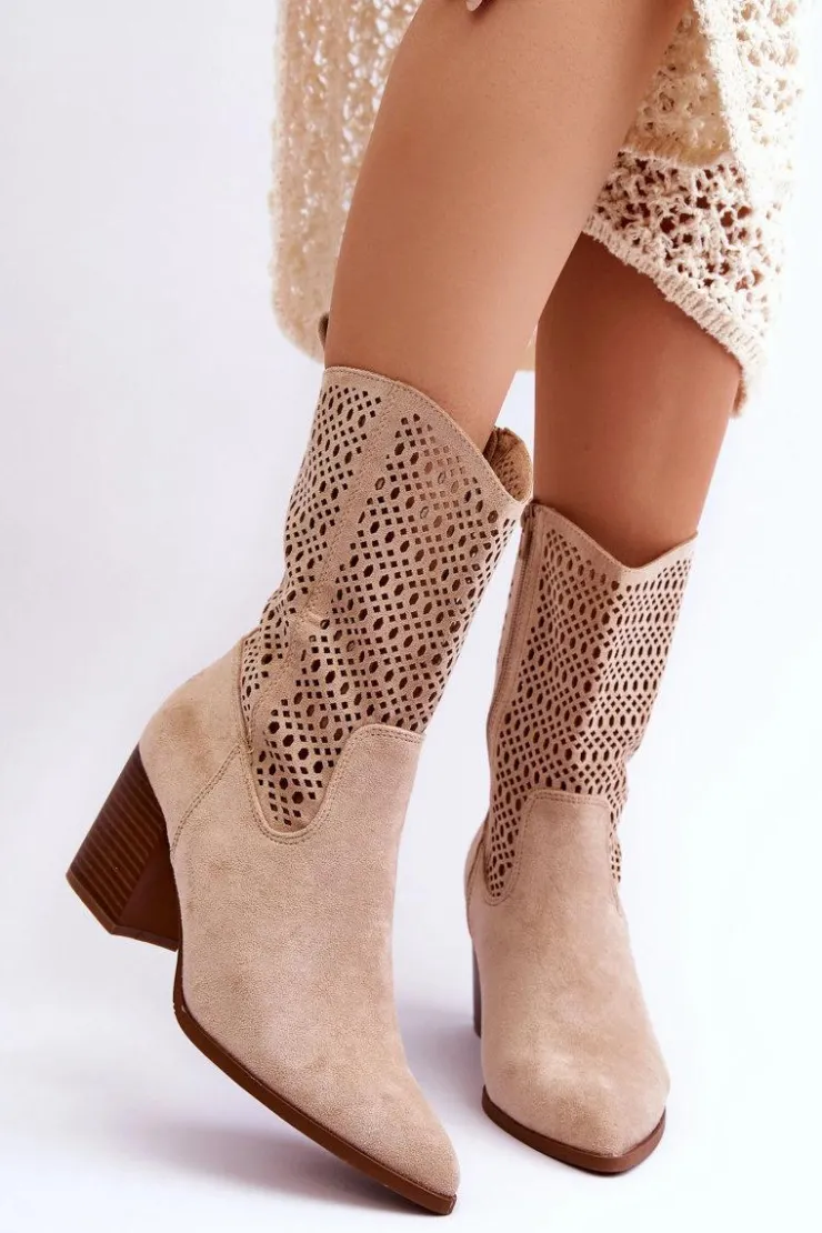 Damskie Boto Damskie Wysokie Zamszowe Botki Kowbojki Beżowe Turner