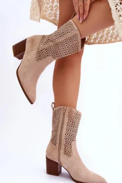 Damskie Boto Damskie Wysokie Zamszowe Botki Kowbojki Beżowe Turner