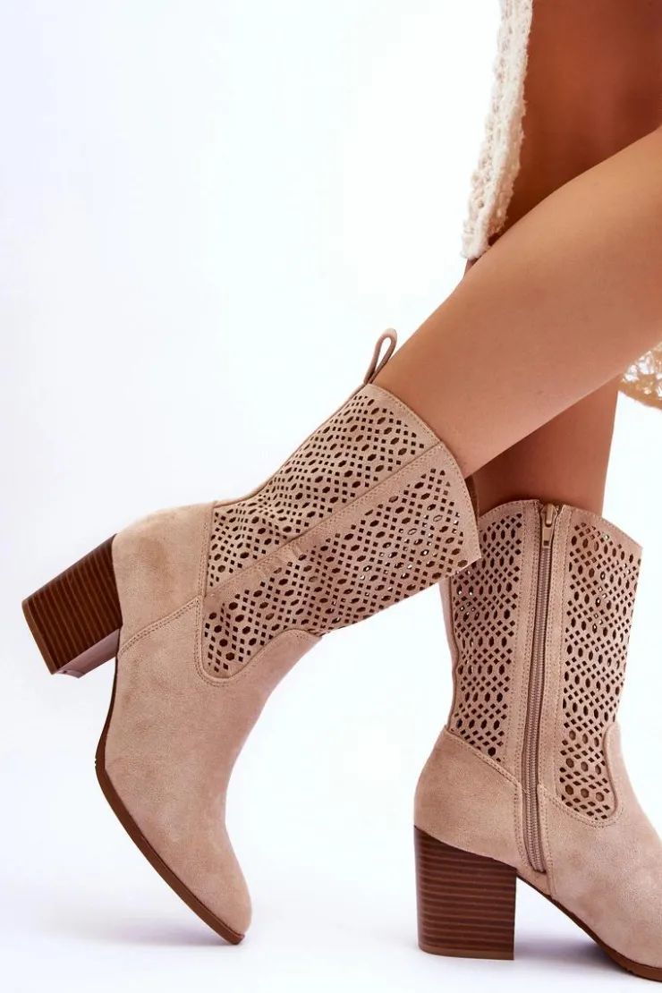 Damskie Boto Damskie Wysokie Zamszowe Botki Kowbojki Beżowe Turner