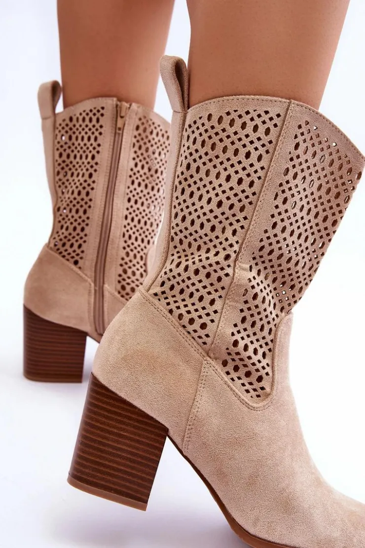 Damskie Boto Damskie Wysokie Zamszowe Botki Kowbojki Beżowe Turner