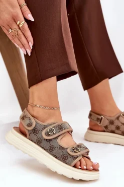 Discount Boto Damskie Wzorzyste Materiałowe Sandały Ze Złotymi Detalami Khaki Pefese Beżowy