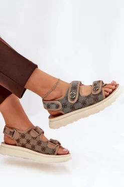 Discount Boto Damskie Wzorzyste Materiałowe Sandały Ze Złotymi Detalami Khaki Pefese Beżowy