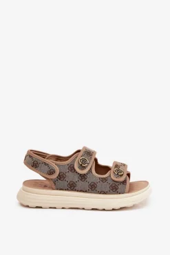 Discount Boto Damskie Wzorzyste Materiałowe Sandały Ze Złotymi Detalami Khaki Pefese Beżowy