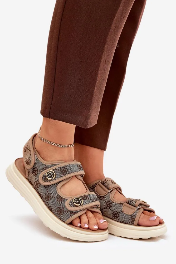 Discount Boto Damskie Wzorzyste Materiałowe Sandały Ze Złotymi Detalami Khaki Pefese Beżowy