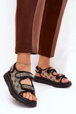 Boto Sandały Płaskie*Damskie Wzorzyste Materiałowe Sandały Ze Złotymi Detalami Beżowo-Czarne Pefese