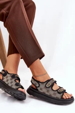 Boto Sandały Płaskie*Damskie Wzorzyste Materiałowe Sandały Ze Złotymi Detalami Beżowo-Czarne Pefese