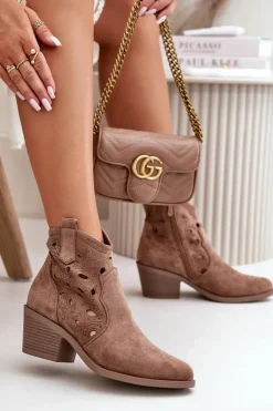 Damskie Damskie buty S.Barski Damskie Zamszowe Ażurowe Botki Kowbojki Brązowe S.Barski HY42-086