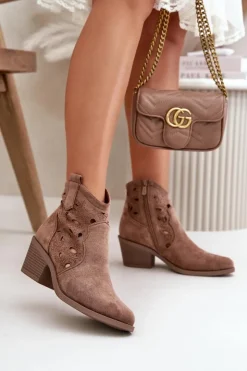 Damskie Damskie buty S.Barski Damskie Zamszowe Ażurowe Botki Kowbojki Brązowe S.Barski HY42-086