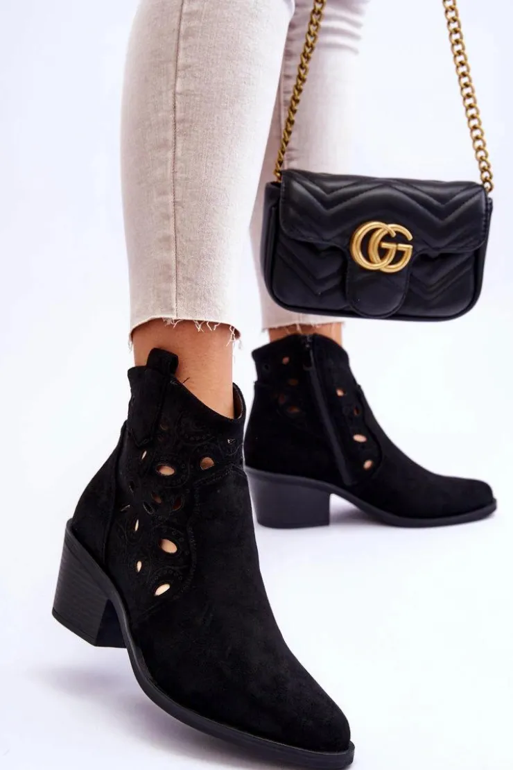 Damskie Damskie buty S.Barski Damskie Zamszowe Ażurowe Botki Kowbojki Czarne S.Barski HY42-086