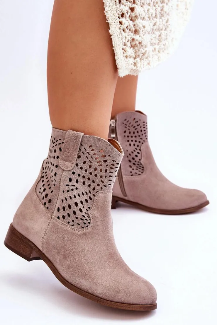 Boto Botki Wiosenne|Botki Ażurowe*Damskie Zamszowe Ażurowe Botki Lewski Shoes 3301 Cappuccino