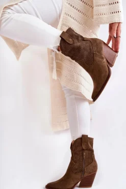 Damskie Boto Damskie Zamszowe Ażurowe Botki Kowbojki Khaki Eleonore