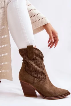 Damskie Boto Damskie Zamszowe Ażurowe Botki Kowbojki Khaki Eleonore