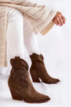 Damskie Boto Damskie Zamszowe Ażurowe Botki Kowbojki Khaki Eleonore