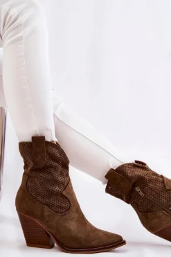 Damskie Boto Damskie Zamszowe Ażurowe Botki Kowbojki Khaki Eleonore