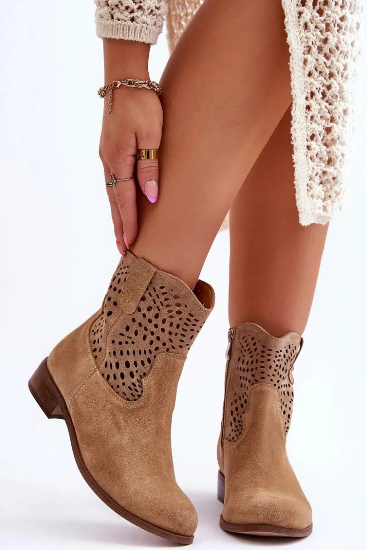 Outlet Boto Damskie Zamszowe Ażurowe Botki Lewski Shoes 3301 Beżowe